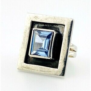 1980s 4CT Emerald Cut Swiss Blue Topaz Sterling Silver Modernist Ring Size 7.75